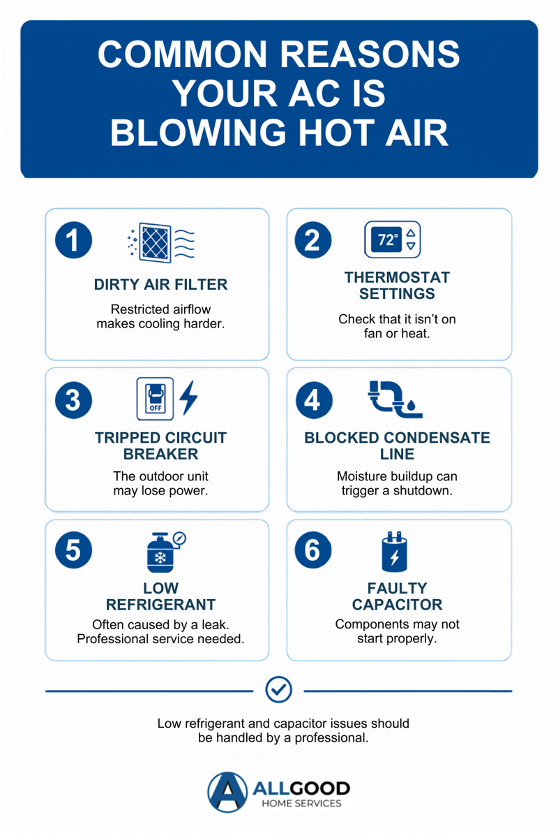 Common Reasons Your AC Is Blowing Hot Air: 1. Dirty air filter; 2. thermostat settings; 3. Tripped circuit breaker; 4. Blocked condensate line; 5. Low refrigerant; 6. Faulty capacitor