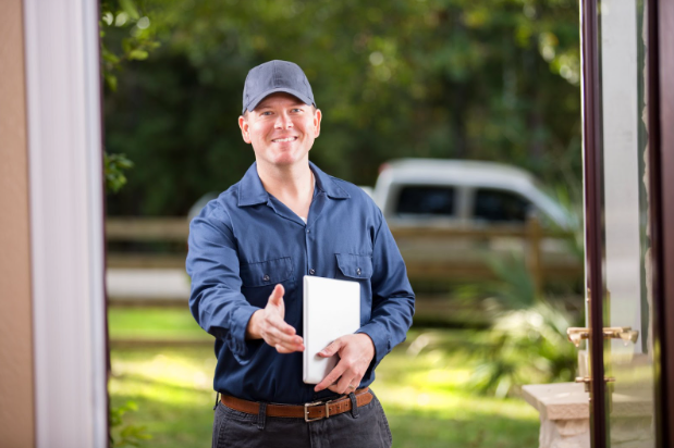 A friendly HVAC serviceman offers a handshake at the doorway of a home